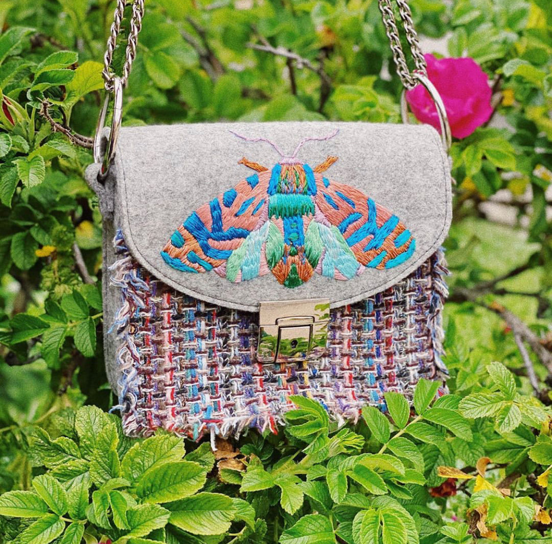 MOTH tweed bag with handmade embroidery