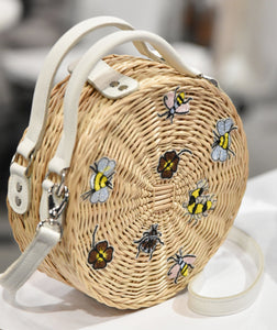 WHITE PEONY STRAW bag with bugs